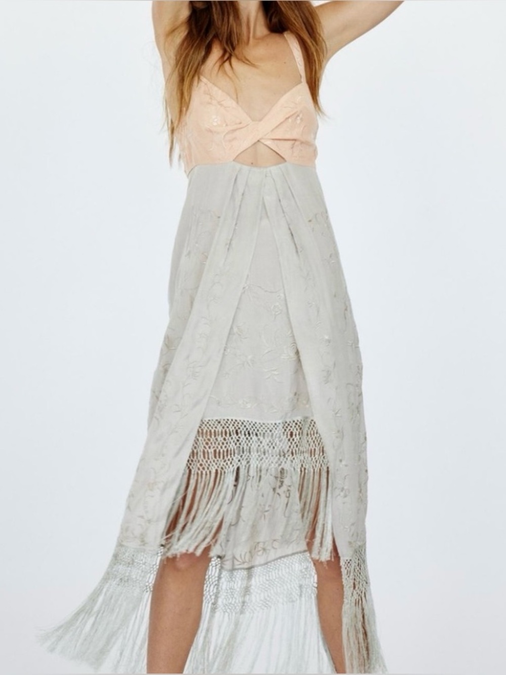 Free People Love Me Not Satin Fringe Midi Dress